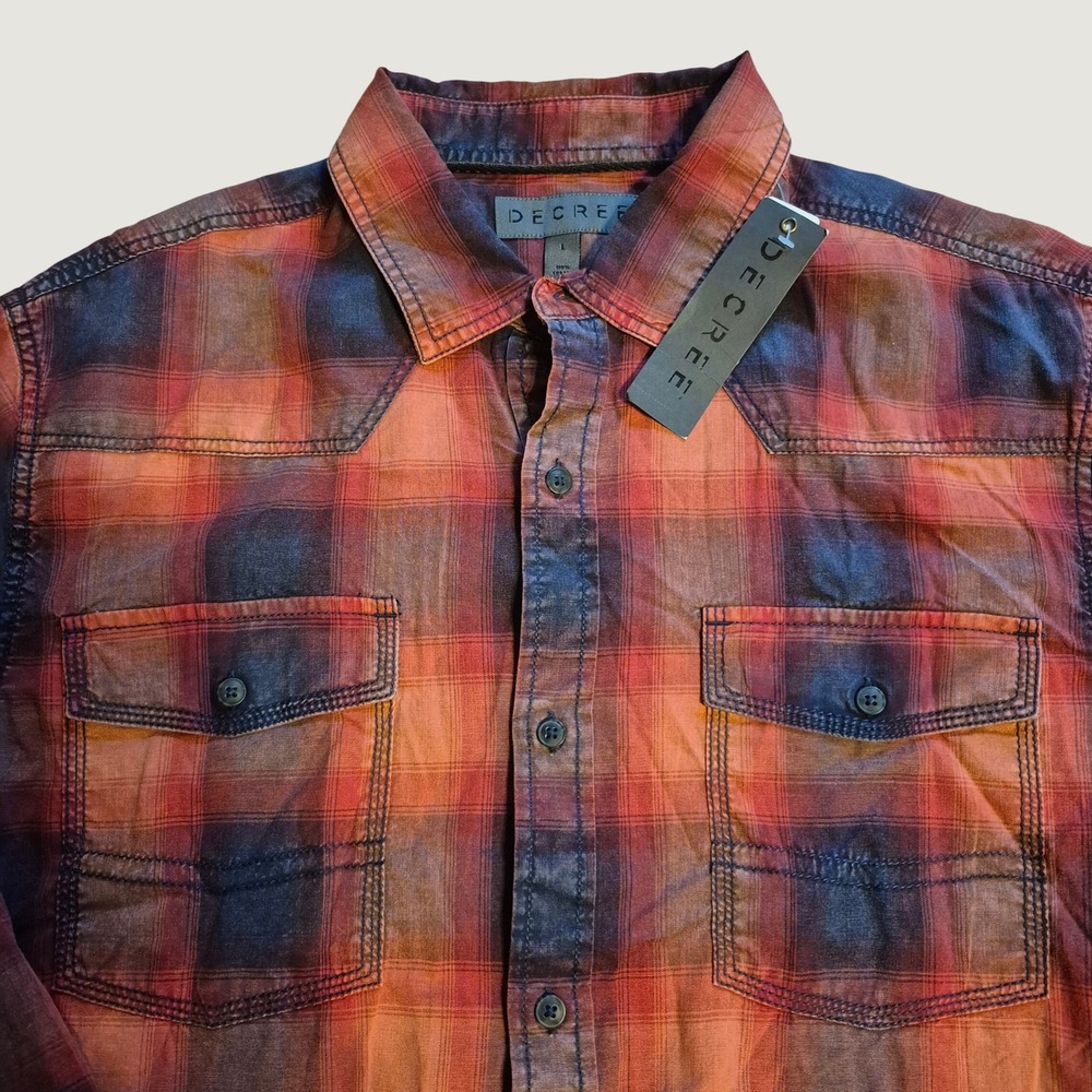 Decree Plaid Button Down Shirt Large Men Western Cotton Long Sleeve Orange Black